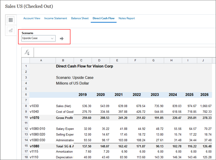 Direct Cash Flow report for the Upside Case scenario.